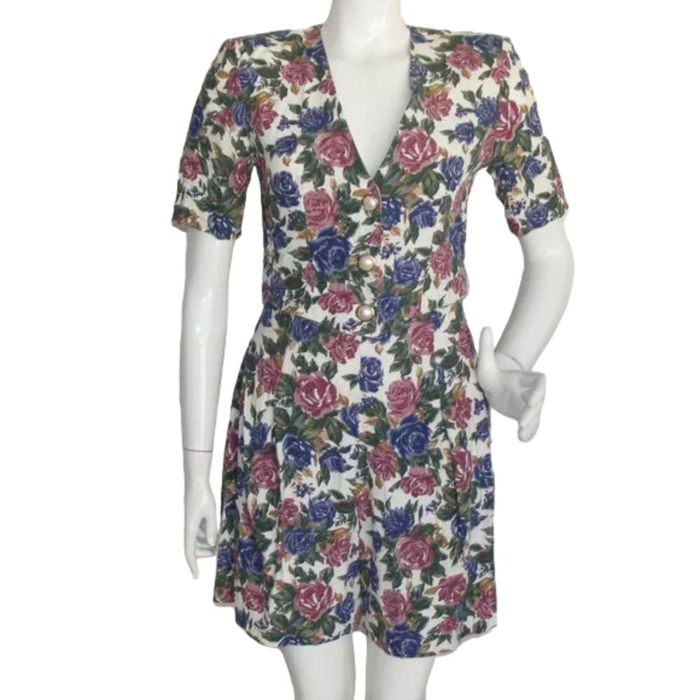 Vintage Short Suit, XS, White, Floral, 2 piece Top/Shacket & Shorts, High Waist